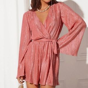 Coral Surplice Neck Textured Belted Romper, Large (8-10)